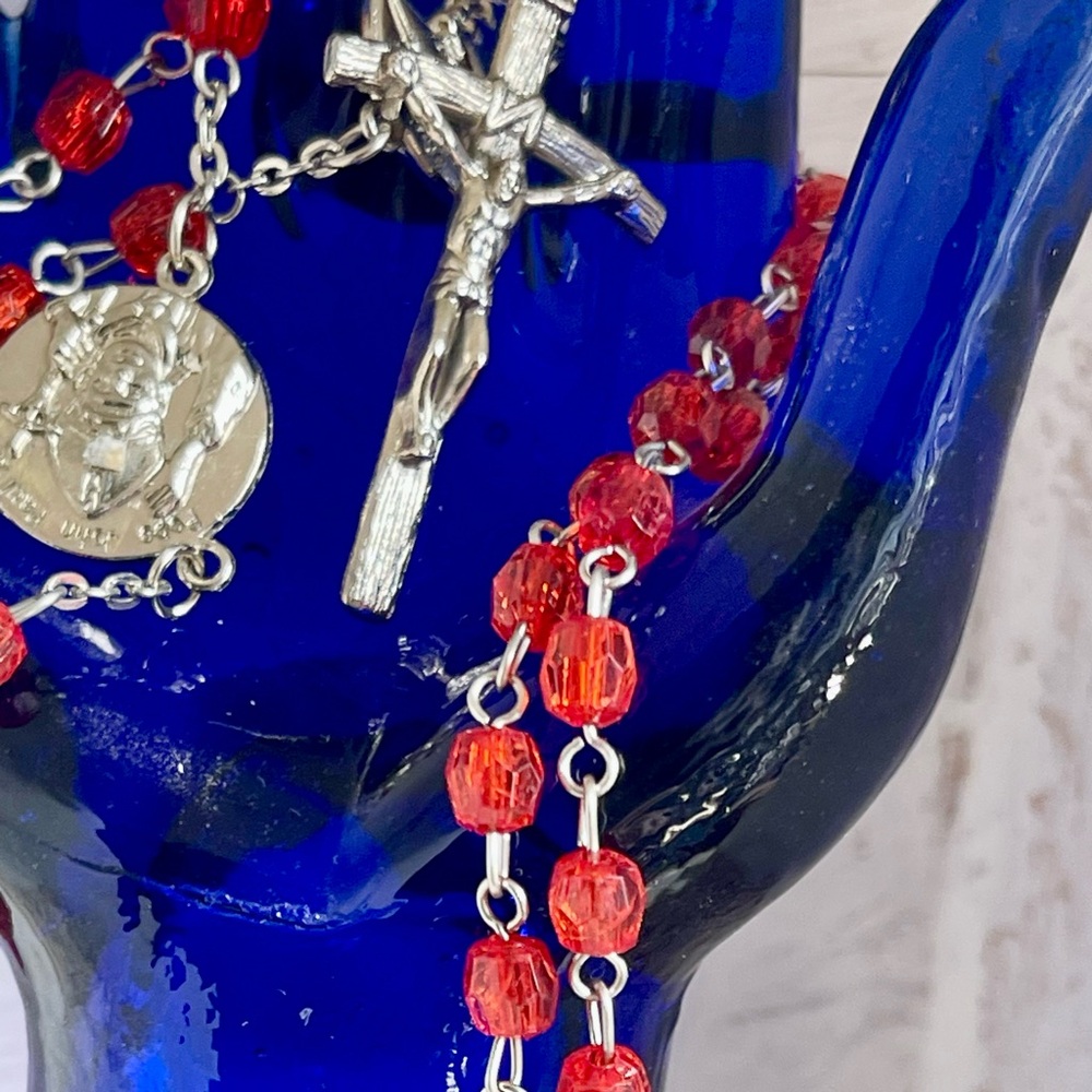 Orange Red Bead Rosary Necklace with Silver Crucifix